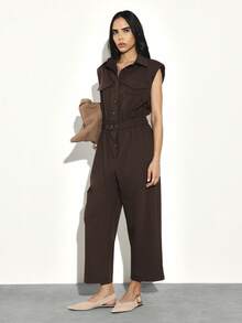 KSTM Sleeveless Utility Jumpsuit With Chest Pockets And Belted Waist For Casual Everyday Wear - Brown - View 4