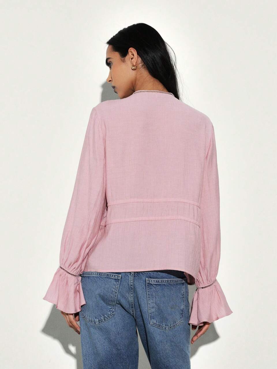 KSTM Women Tie Front Ruffle Trimmed Blouse With Bell Sleeves Deep V Neck Long Sleeve Casual Feminine Top