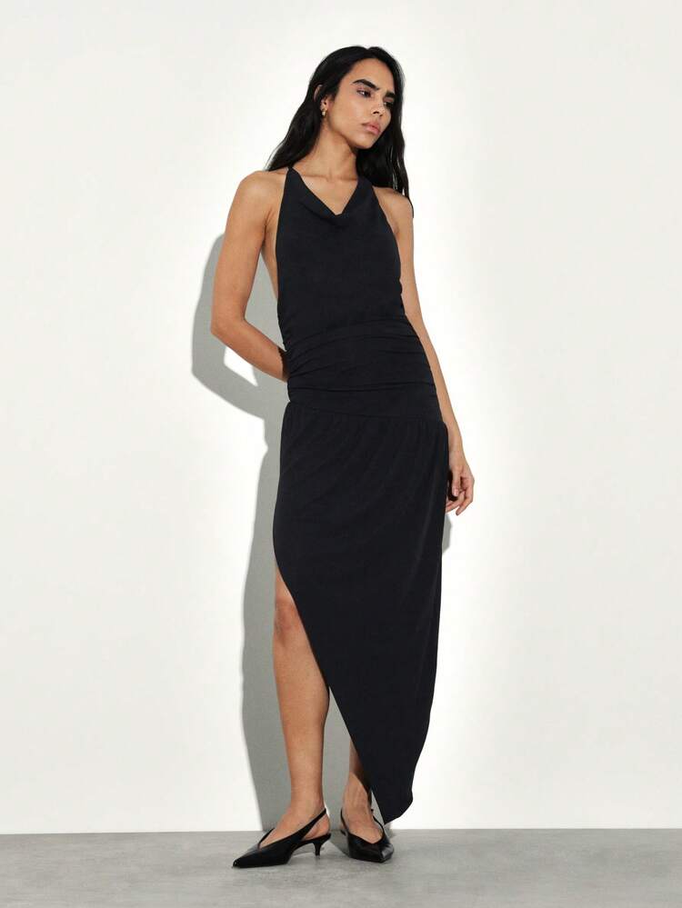 KSTM Halter Neck Drape Midi Dress With Asymmetric Slit And Open Back Tie Detail Evening Party