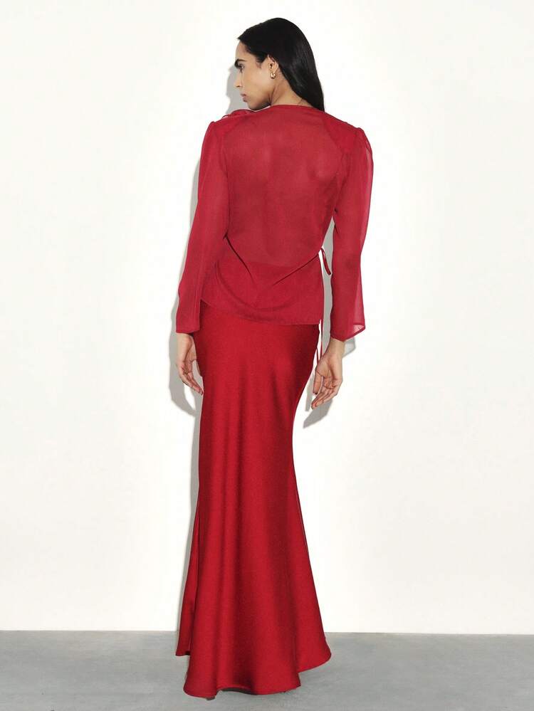 KSTM Elegant Red Satin Maxi Skirt With Floral Rose Applique Detail Long Flowing Hem Party Formal