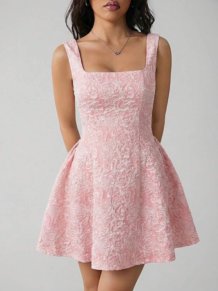 CovetEZ Vestido de talla grande sin mangas de encaje blanco puro con jacquard que ciñe la cintura en forma de A, adecuado para el Día de San Valentín, citas y fiestas - Rosa - Ver 1