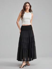 Ontre 女士休闲纯色百褶A字裙，夏季 - 黑色 - 查看 6