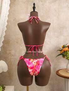 Swim Mod 3pcs/Set Girl's Printed Random Spaghetti Strap Halter Bikini Top, Side Tie Bottoms & Ruffle Trim Skirt - Multicolor - View 4