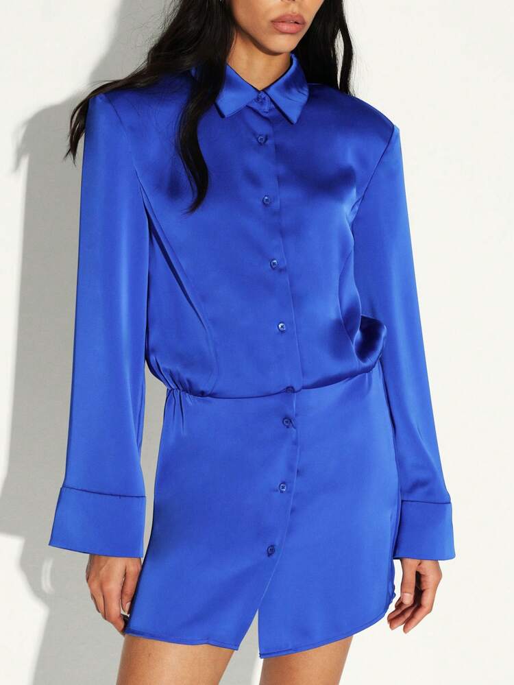 KSTM Satin Long Sleeve Button Up Shirt Dress Mini Length Collared Elegant Party Evening Formal Office Professional Sophisticated Lustrous Silky Smooth Royal Blue