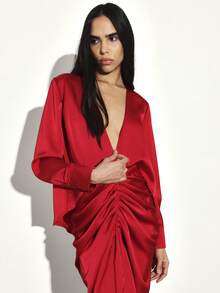 KSTM Luxurious Red Satin Maxi Dress With Deep V-Neck Long Sleeve Wrap Style Evening Gown Party Formal Wear - Black - View 5