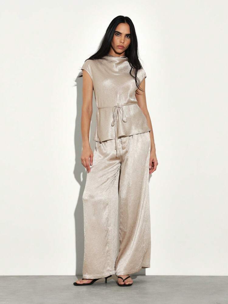 KSTM Satin Co Ord Set Two Piece Outfit Luxe Belted Top Wide Leg Palazzo Pants Evening Party Formal Occasion