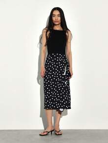 KSTM Polka Dot Midi Skirt With Ruffle Hem Detail High Waisted Wrap Style Casual Summer Spring Fall Vintage Retro Fashion - Black - View 6