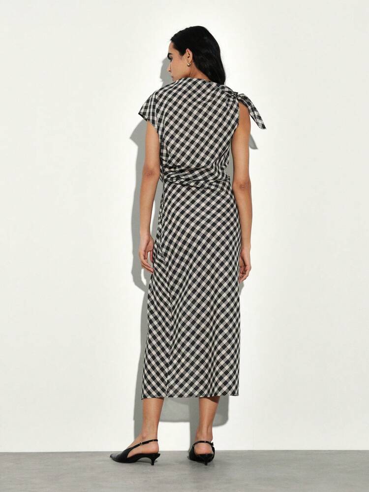 KSTM Asymmetric Midi Length Checked Dress With Side Slit And Cap Sleeves