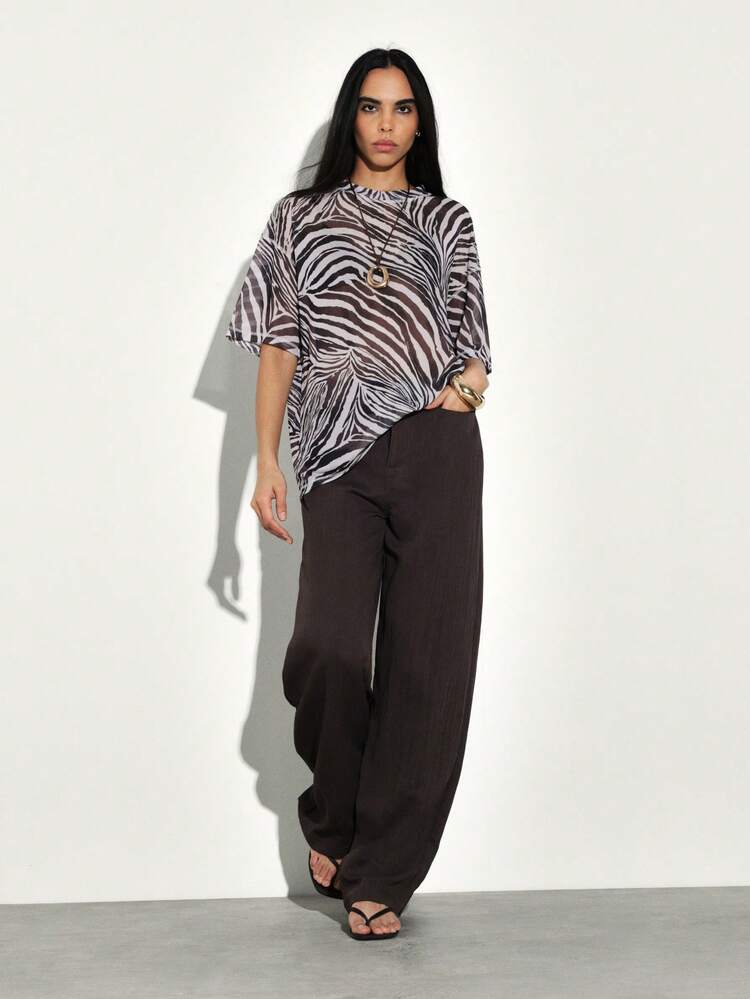 KSTM Damen Zebra-Muster Kurzarm Rundhals Regular Fit Relaxed T-Shirt Lässig Mesh Detail Top