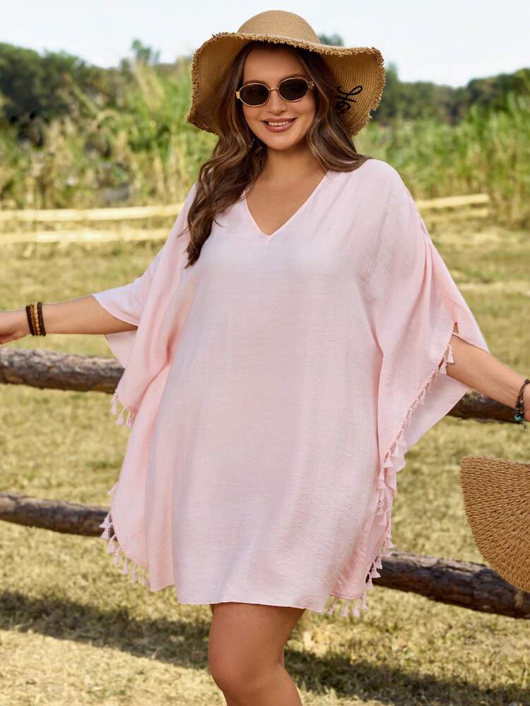 Plus Size Women Casual Women's Pink Tassel Hem Crochet Inset Back Beach Cover Up Top Batwing Sleeve With Tassels For Summer Vacation Summer Outfit For Plus Size Women Festival Outfits For Plus Size Women Beach Outfits For Plus Size Women Vacation Outfits Plus Size  Women Country Concert Outfit  Boho Outfit