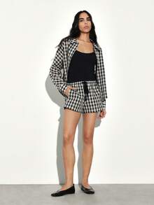KSTM Women Black White Checked Two Piece Outfit Co-Ord Matching Jacket Shorts Set Fall Winter - Black and White - View 3
