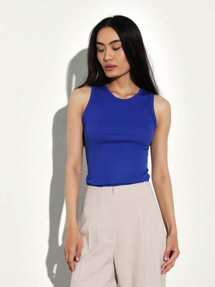 KSTM 여성용 민소매 탱크탑, 라운드 넥라인, 솔리드 골지 원단, 캐주얼 여름 착용