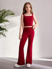 SHEIN 2 Stücke Aktivbekleidung Set für Tween-Mädchen, bestehend aus einem nahtlosen Paneel-Crop-Top und hochgeschnittener Schlaghose. Gefertigt aus wolkengleichem gestricktem Stoff mit hervorragender Dehnbarkeit und Formbeständigkeit, ideal für Joggen, Radfahren und vielseitige Fitnessstudio-Workouts - Bordeaux - Übersicht 3