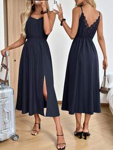 SHEIN LUNE Đầm nữ màu trơn phối ren, kiểu dáng thường ngày, thích hợp cho kỳ nghỉ hè, đi nghỉ mát, mặc không tay, xẻ tà. - Màu xanh hải quân - Xem 2