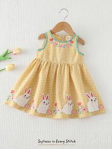 Cozy Pixies Baby Girl Floral & Plaid Pattern Cute Rabbit Cartoon Embroidered Round Neck Sleeveless Waist Dress, Sweet & Lovely Countryside Style Suitable For Outings, Vacation, Casual, Party Bunny Dress For Baby Girl Cotton Baby Dress - Yellow - View 6