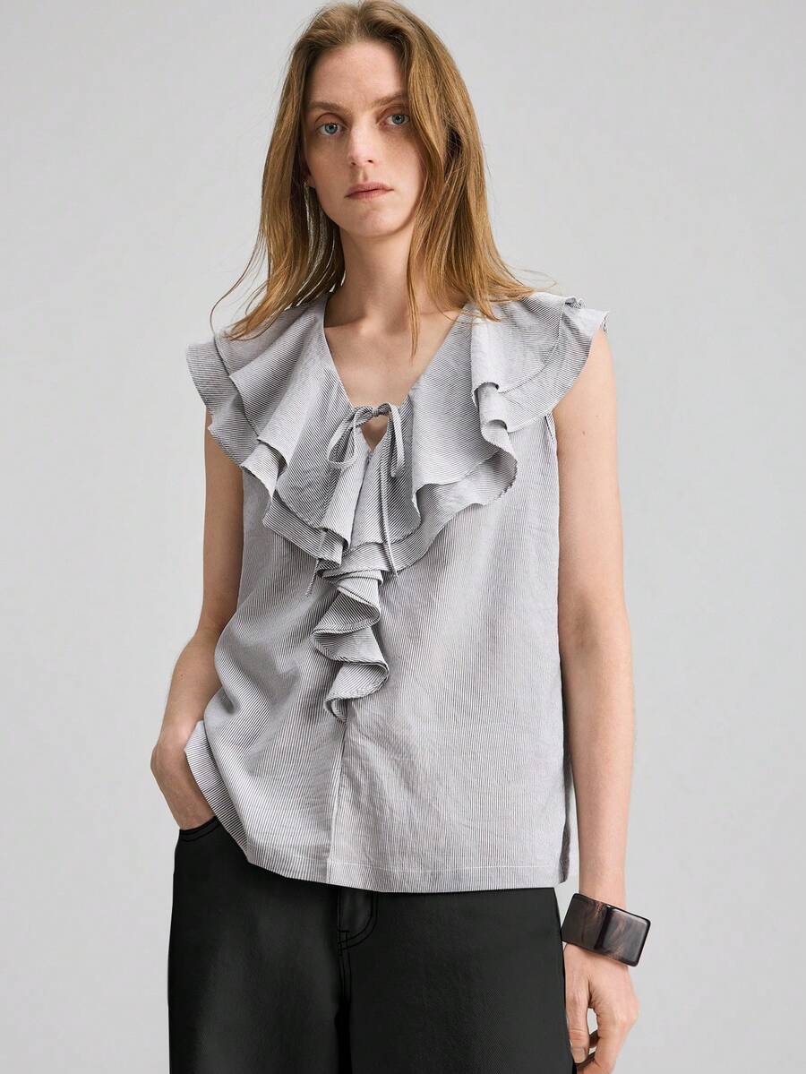 Ontre Women's Black & White Blouse, Comfortable Woven Fabric, Ruffle Trim, Loose Fit, Modern Urban Fashion, Business Casual Office Wear, Versatile Spring/Summer Top - Black and White - View 1