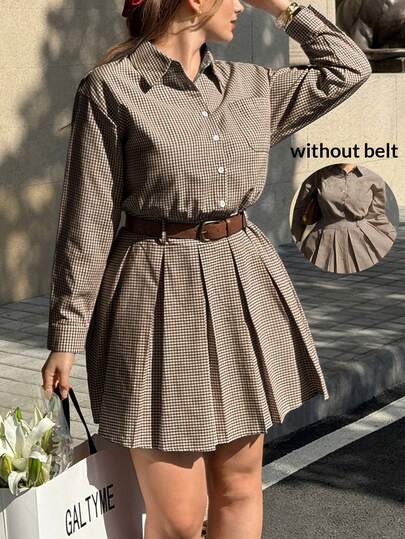 GalTyme 大码格纹印花休闲/工作/约会中长连衣裙，学院风，秋冬款