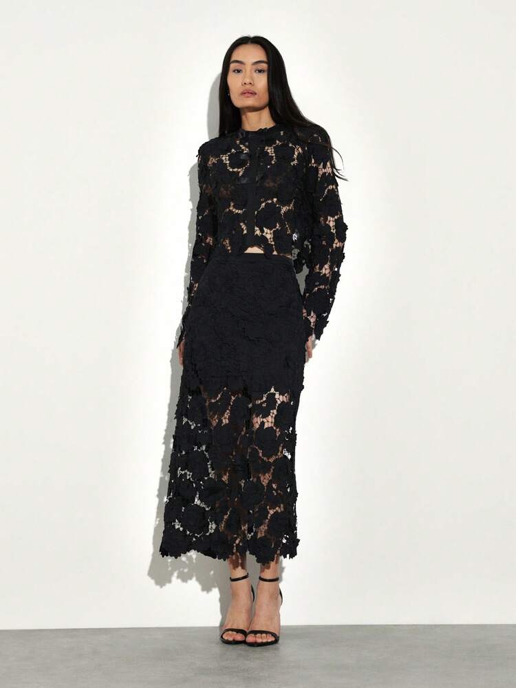 KSTM Elegant Black Lace Midi Skirt With Intricate Floral Embroidery And Delicate Feather Trim Details
