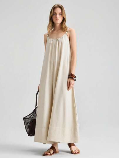 Ontre Women's Beige Khaki Jumpsuit, Comfortable Soft Woven Fabric, Loose Fit, Ruched, Modern Urban Chic, Business Casual, Office Wear, Low-Key Vintage Vibe, High-End, Versatile, High-Quality Airport, Cruise, Wedding Guest Outfit, Elegant, Minimalist Luxurious Feel, All-Season Staple, Holiday Attire