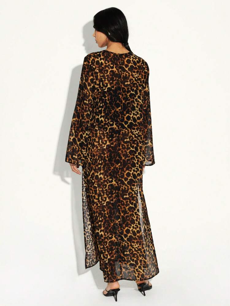 KSTM Abito lungo con stampa leopardata, maniche lunghe e allacciatura, con silhouette fluida semi-trasparente e scollo a V, adatto per l'autunno e l'inverno