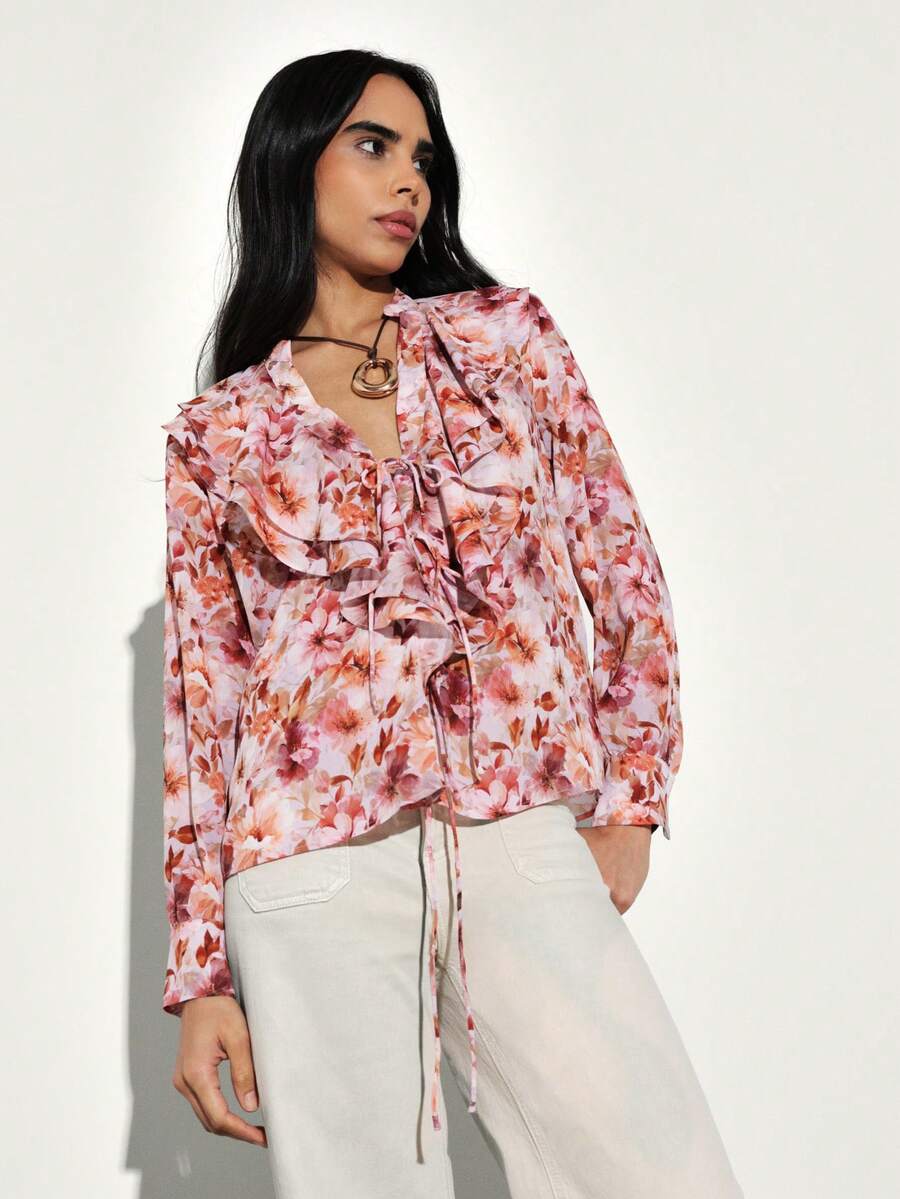 KSTM Floral Ruffle Tie Front Long Sleeve Chiffon Blouse With V Neck And Feminine Print For Spring Summer - Multicolor - View 1