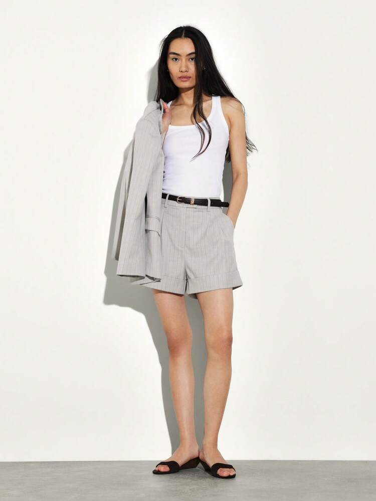 KSTM Women's Pinstripe Tailored Shorts With Folded Hem And Belt Loops For Professional Office Summer Work