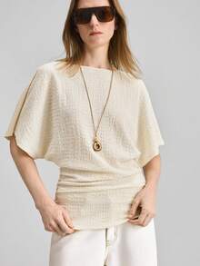 Ontre Camiseta de mujer con cuello de barco, mangas de murciélago, cintura fruncida, diseño elegante y vintage, ideal para uso casual de oficina, estilo romántico moderno y urbano - Albaricoque - Ver 5