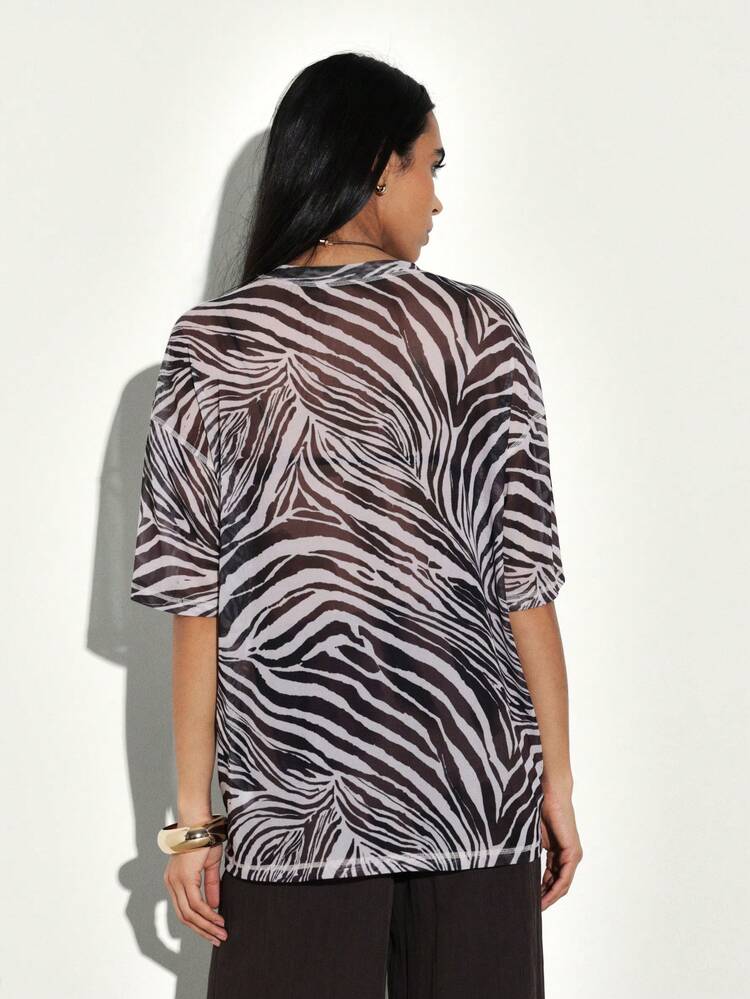 KSTM Damen Zebra-Muster Kurzarm Rundhals Regular Fit Relaxed T-Shirt Lässig Mesh Detail Top