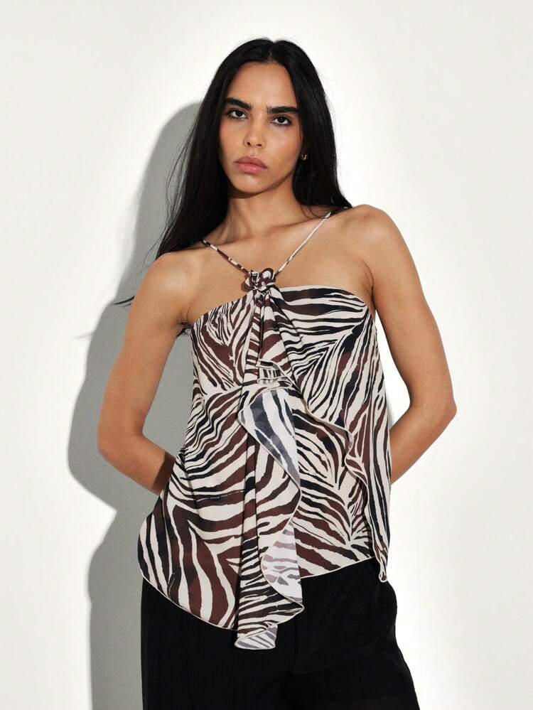 KSTM Zebra Print Halter Neck Draped Tank Top With Tie Detail Summer Festival Sleeveless Blouse For Evening Party Casual Wear