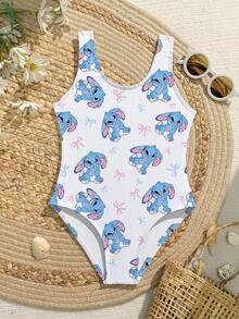 女童连体泳衣，可爱多彩蝴蝶结兔子白色底印花，针织面料挂脖式连体泳衣，时尚休闲优雅，适合游泳、夏季度假、海滩、泳池、节日派对等场合。 - 白色 - 查看 6