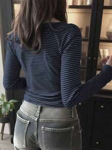 EMERY ROSE Camiseta de manga larga a rayas de estilo casual para mujer, otoño - Azul - Ver 2