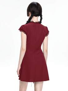 ROMWE Kawaii Versatile Commuter Solid Color Regular Shoulder Button Tie Bow Eyelet Fitted Shirt Dress For Women - Burgundy - View 6