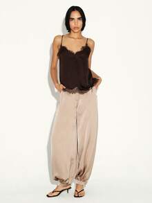 KSTM Women's Balloon Satin Pants Loose Fit High Waisted Wide Leg Palazzo Trousers Elastic Cuff Casual Fashion - Khaki - View 1