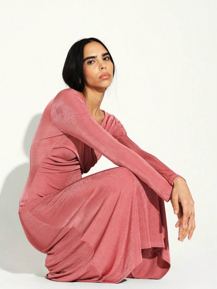 KSTM Long Sleeve Velvet Wrap Midi Dress With V-Neck Crossover Front Design For Women Elegant Evening Occasion Wear