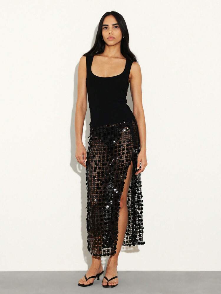 KSTM Sequined Black Midi Skirt With High Slit And Sheer Mesh Overlay For Evening Party Date Night Festival Occasions