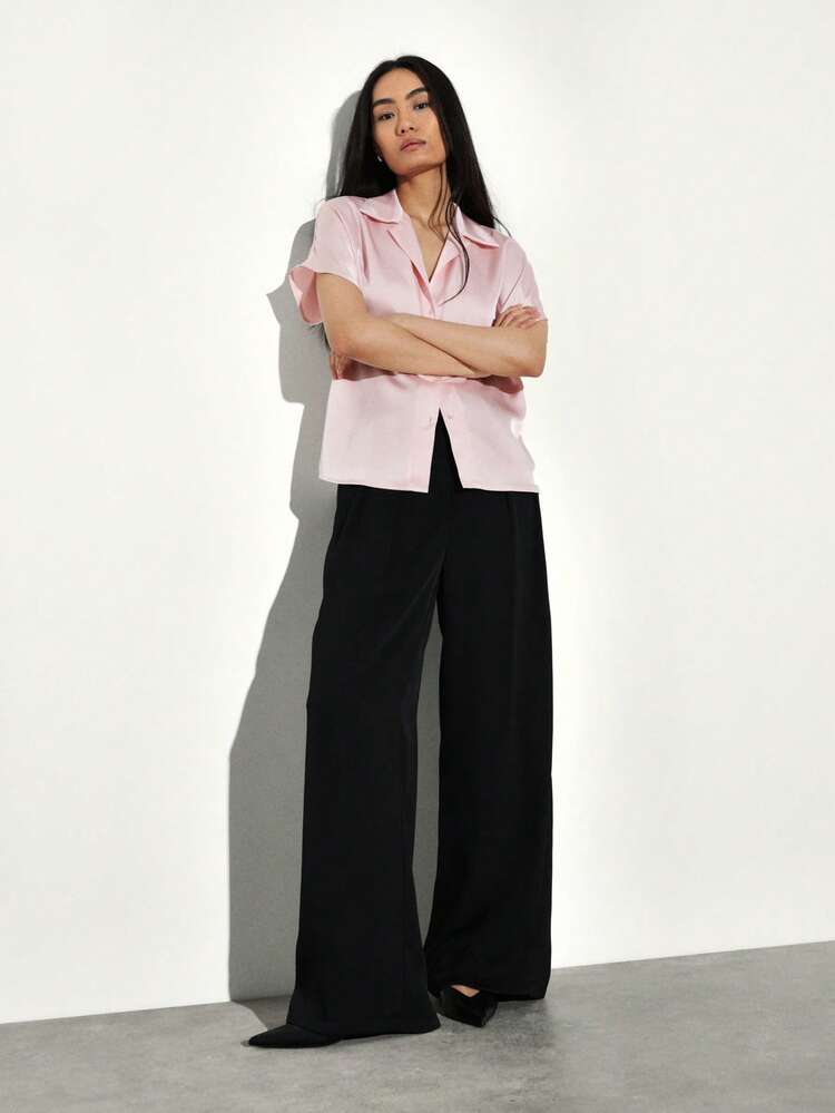 KSTM Women's Relaxed Fit Button Down Cap Sleeve Pink Blouse Collared Shirt Business Casual Summer Top Office Wear