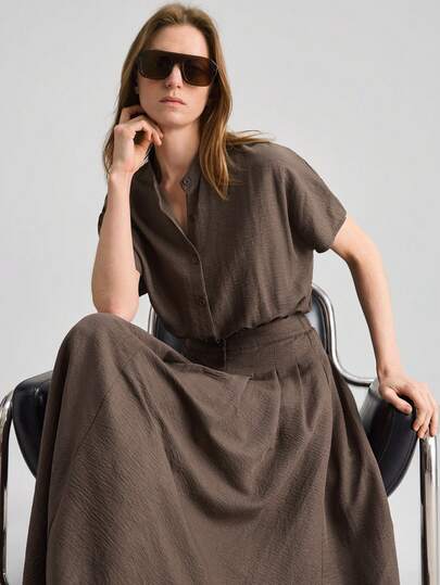 Ontre Women's Simple Solid Color Waist Cinching Button-Up Short Sleeve Dress, Summer Midi Dress Woman Clothes Casual Dress For Women Pleated Dress Brown Elegant Dress All-Season Bohemian Style Vacation Outfits,Boho,Seaside Women's Clothing, Country Music Concert Style, Western Style Clothing, Nomadic Casual Fashion Versatile Modern Urban Fashion Business Casual Women's Wear Office Attire Understated Old-Money Style, Elegant And Sophisticated, High-Quality Commuter And Airport Women's Wear