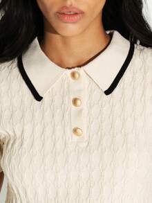 KSTM Ribbed Knit Mini Polo Dress With Contrast Trim Short Sleeve Button Front Sweater Dress Fall Winter - Beige - View 6