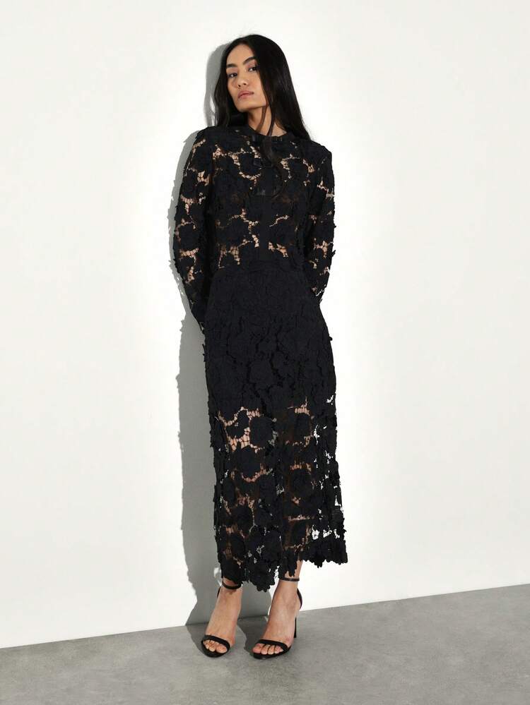 KSTM Elegant Black Lace Midi Skirt With Intricate Floral Embroidery And Delicate Feather Trim Details
