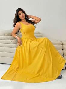 Solflare Yellow Plus Size Sleeveless Dress, Summer Dresses - Yellow - View 5