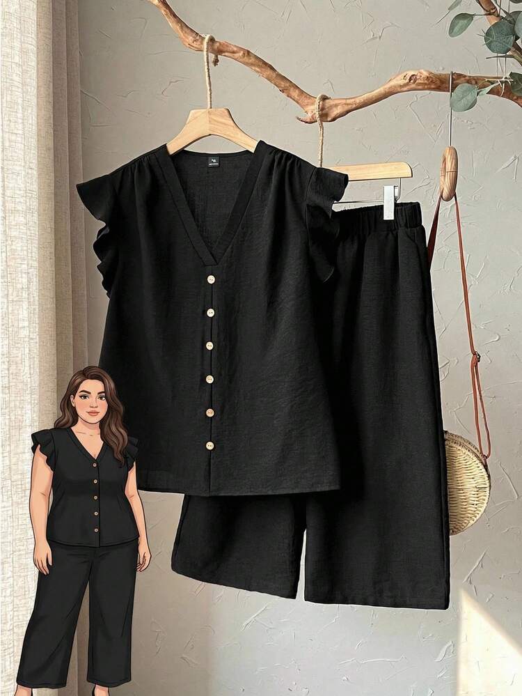 Plus Size Solid V-Neck Button Up Top And Elastic Waist Pants Casual 2 Pieces Set Blouse And Pants Set 2 Piece Casual Sets Woman 2 Piece Linen Sets Woman Summer Outfits  Beach Vacation Outfits For Women BOHO Clothes Women Vacation Outfit Sets Shirt Sets For Women Women 2 Piece Outfit Casual Summer Outfits For Women  Beach Outfit For Women  Casual  Vacation Outfits Women Country Concert Outfit Peplum