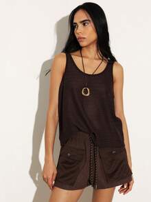 KSTM Women's Brown Crochet Knit Tank Top Sleeveless Summer Festival Casual Loose Fit Scoop Neck - Brown - View 1