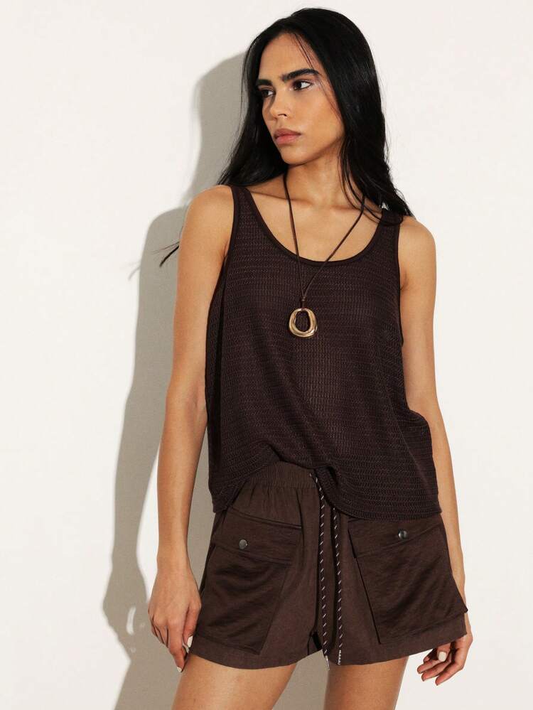 KSTM Women's Brown Crochet Knit Tank Top Sleeveless Summer Festival Casual Loose Fit Scoop Neck