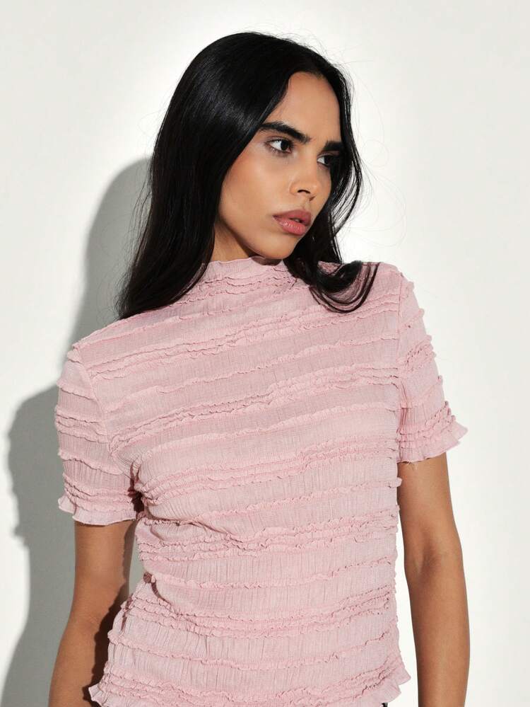 KSTM Top à col montant texturé pour femmes avec manches courtes, détail froncé et ourlet à franges pour le printemps et l'été