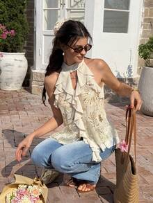 Serisse Áo kiểu cổ yếm xếp nếp thêu sequin mùa hè dành cho nữ - Màu be - Xem 6