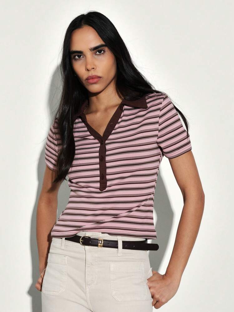 KSTM Women's Striped Polo Shirt Short Sleeve Collared Button Front Pink Brown Casual Spring Summer Top