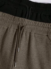 SHEIN Cottnline Pantalones cortos básicos de tejido de gofre para hombre, 2 piezas/set - Camel - Ver 5