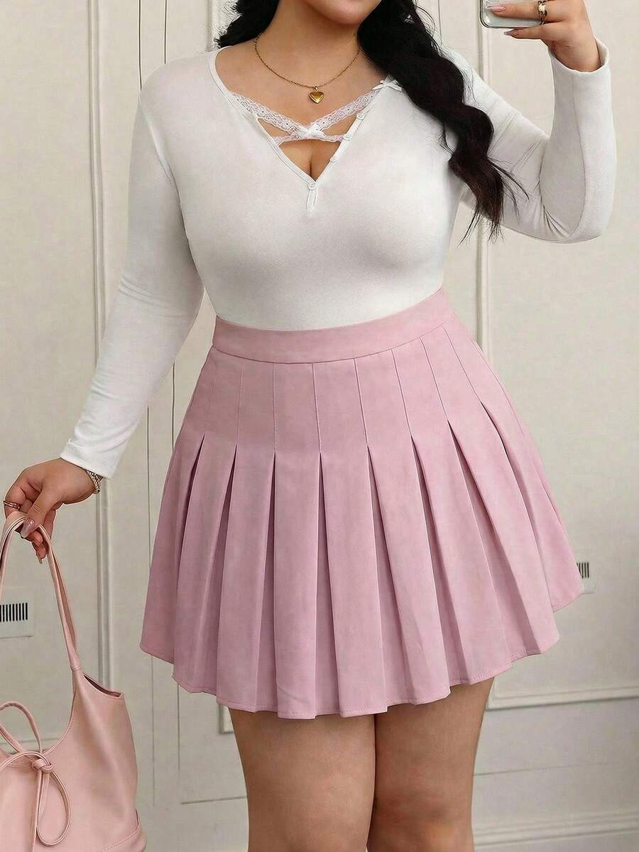 CovetEZ Chân váy xếp ly màu trơn dành cho nữ cỡ lớn, màu hồng - Hồng - Xem 1