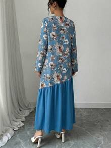 Lacomfia 女士印花褶皱拼接休闲连衣裙，适合日常穿着、约会、外出等场合 - 藍色 - 查看 2