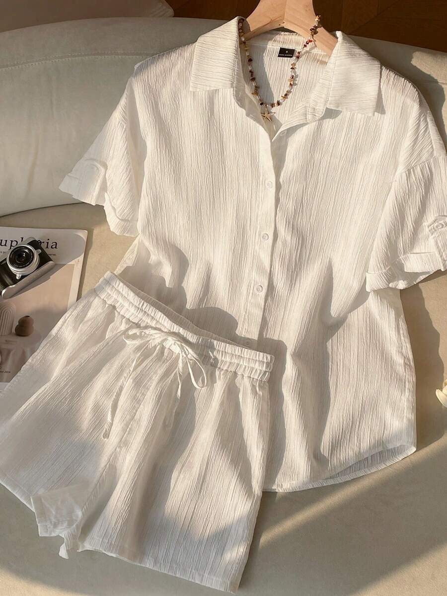 SHEIN EZwear 女士白色梭织短袖衬衫和短裤休闲套装 - 白色 - 查看 1